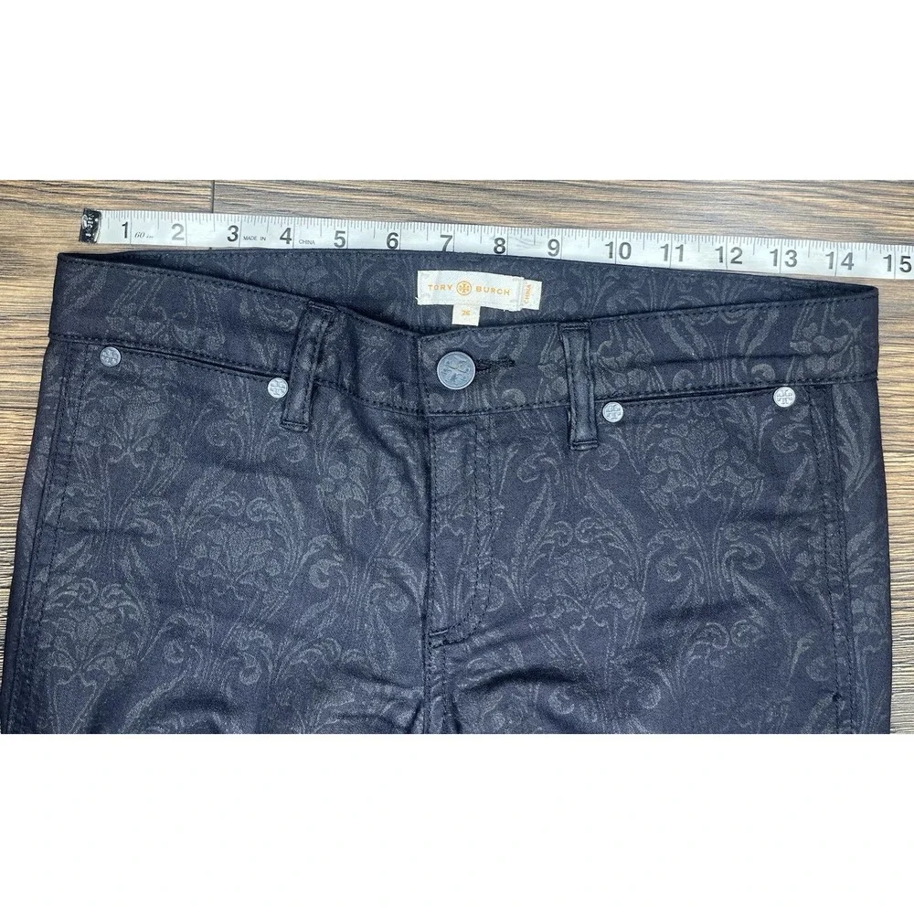 Tory Burch Black Damask Skinny Pants Womens 26 Coated Jacquard Mid Rise‎ 30 In